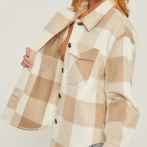 Light Beige Buffalo Plaid Brushed Shacket - Picture 4 of 7
